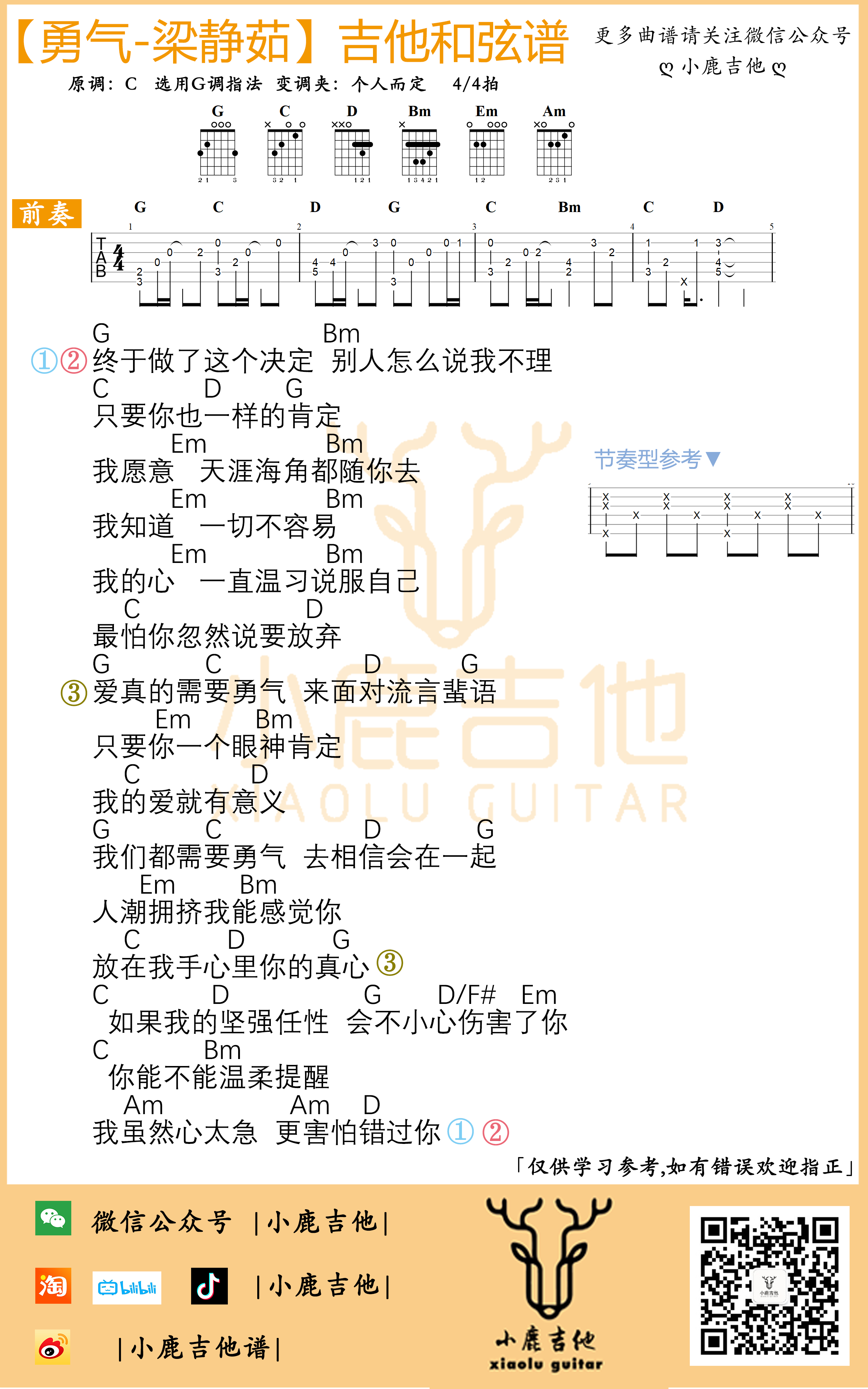梁静茹《勇气》吉他六线谱C调指_小鹿吉他拇指弹拨编配