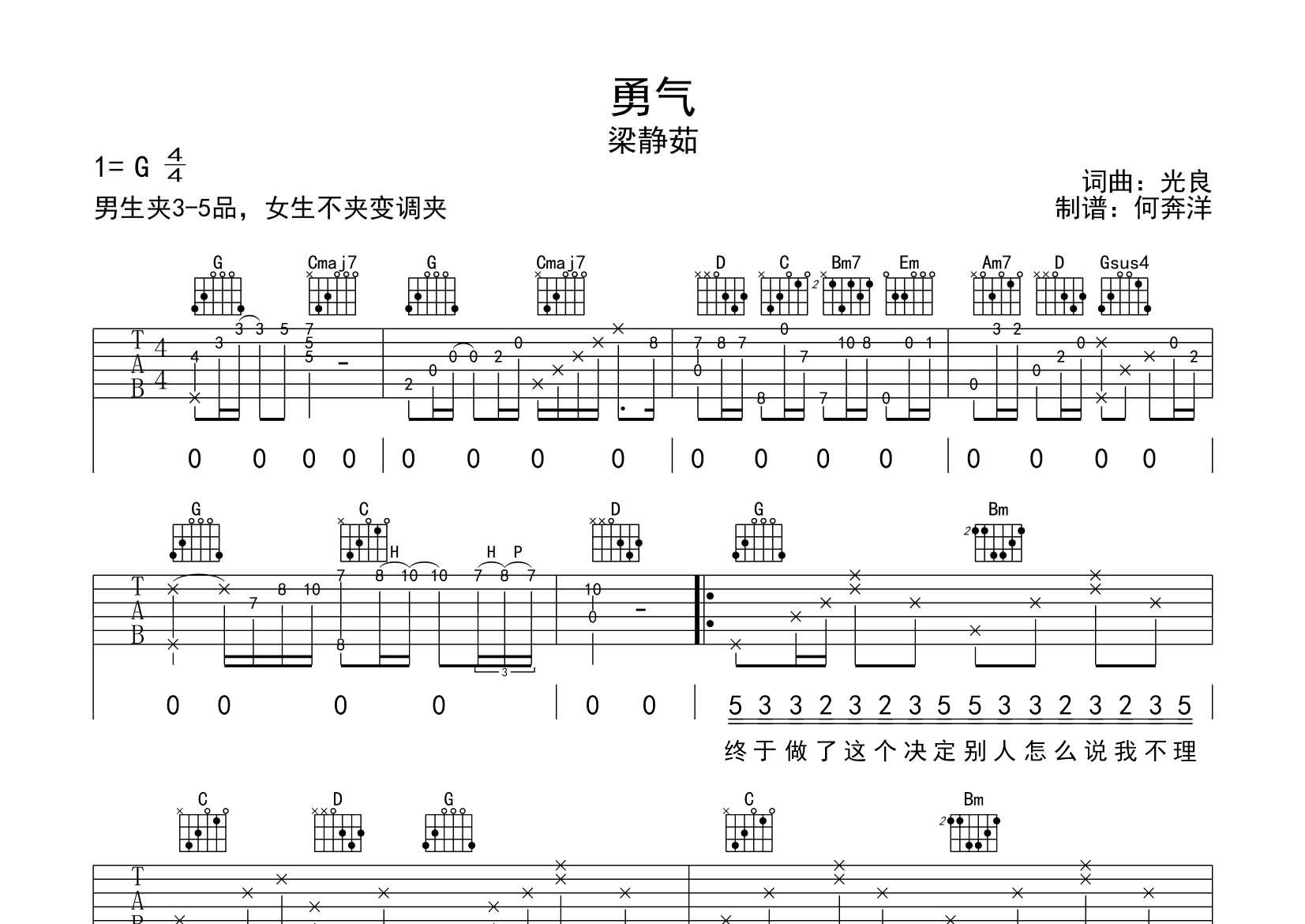 梁静茹_勇气吉他六线谱G调_飞韵吉他弹唱伴奏六线谱