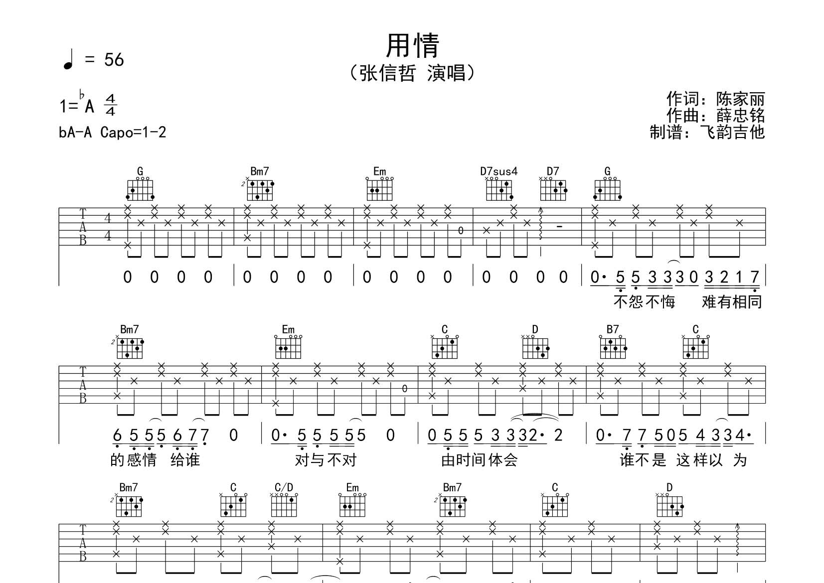 张信哲_用情吉他六线谱G调_飞韵吉他弹唱伴奏六线谱