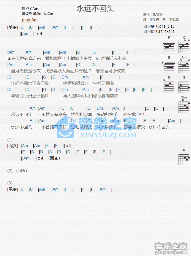 杨培安_永远不回头吉他六线谱A调_音乐之家弹唱伴奏六线谱