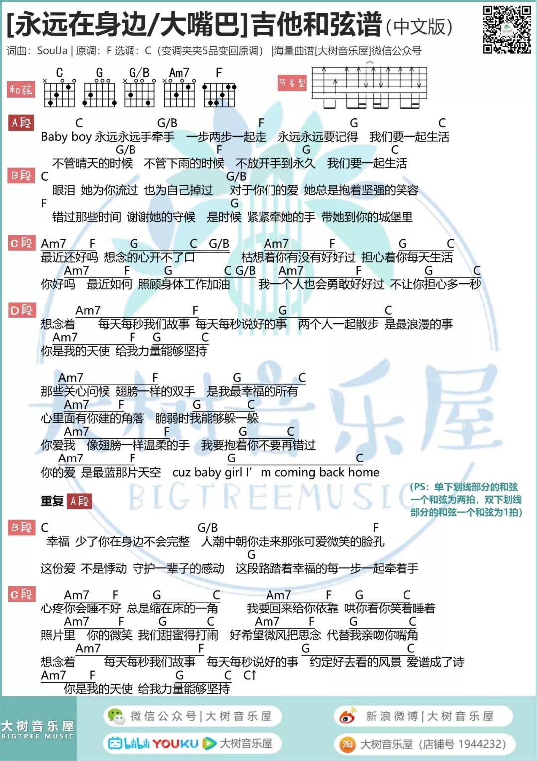 Baby_boy_永远在身边吉他六线谱C调_大树音乐屋弹唱伴奏六线谱