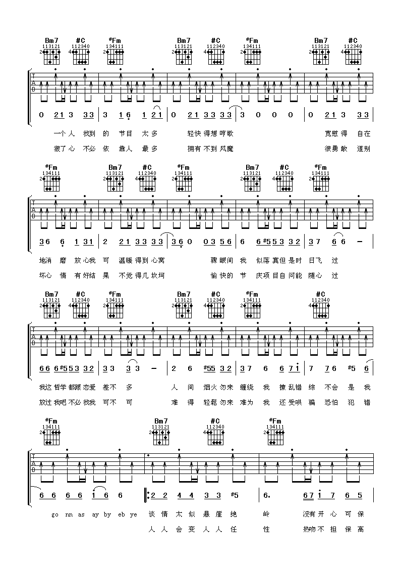 陈慧琳_有时寂寞吉他六线谱A调_阿潘音乐工场弹唱伴奏六线谱