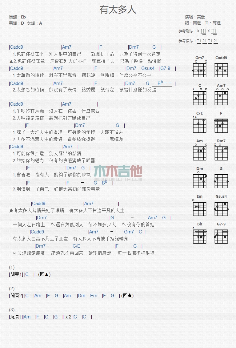 高进_有太多人吉他六线谱D调_木木吉他弹唱伴奏六线谱