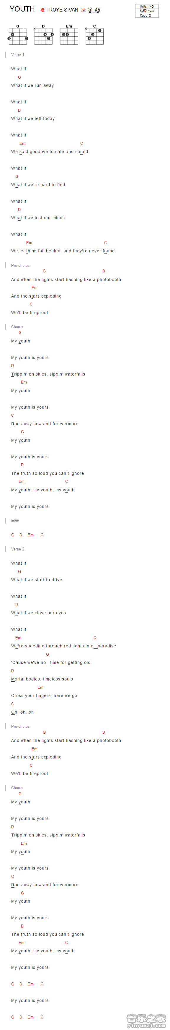 Troye_Sivan_youth吉他六线谱G调_音乐之家弹唱伴奏六线谱