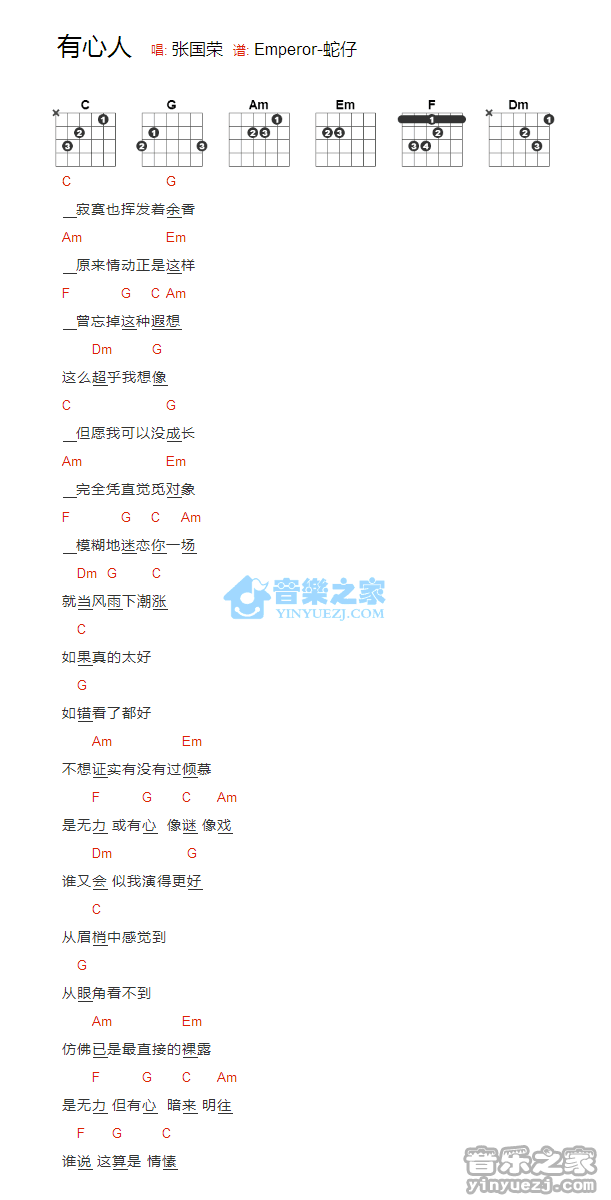 张国荣_有心人吉他六线谱C调_音乐之家弹唱伴奏六线谱