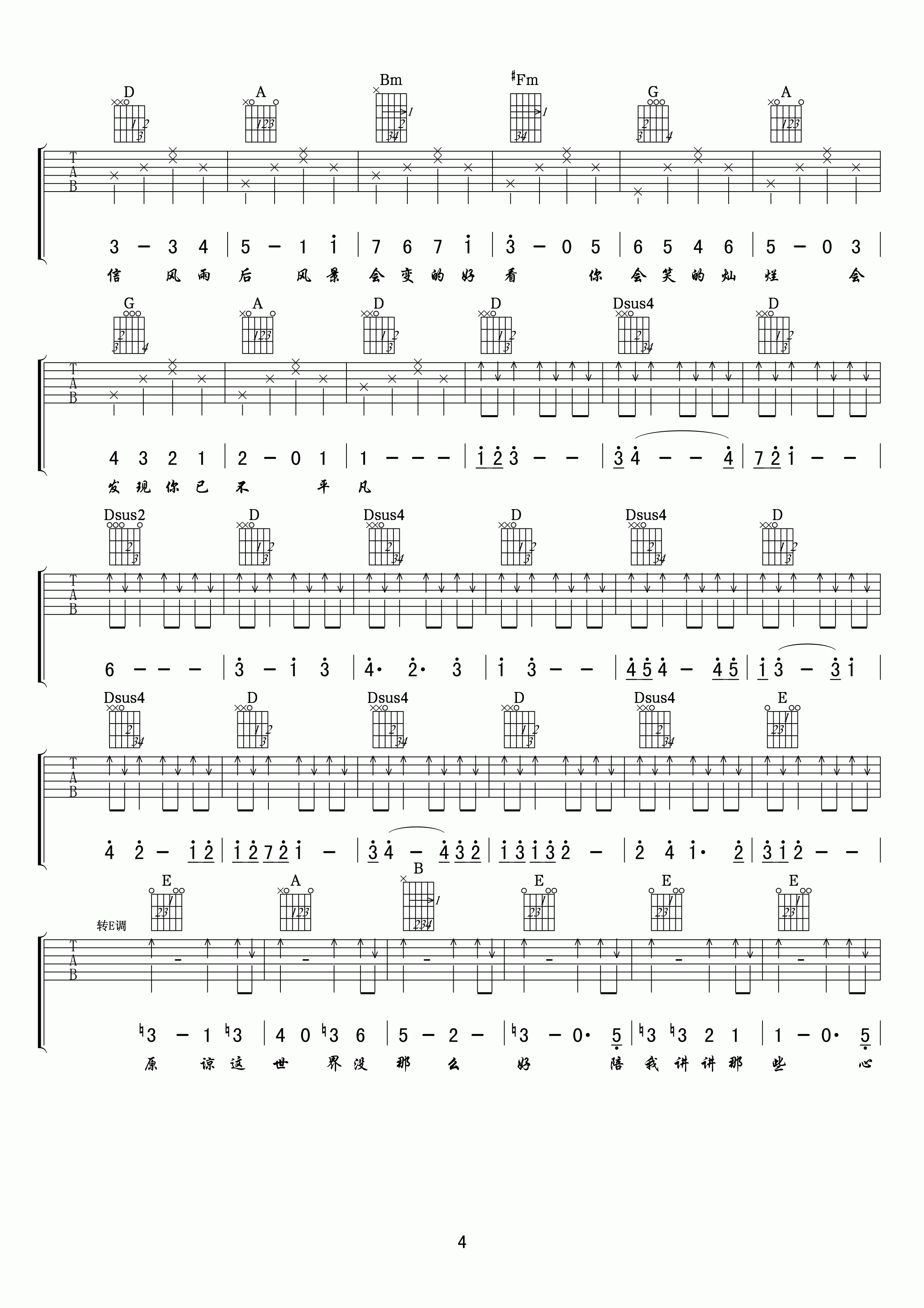 孙子涵_原谅这世界没那么好吉他六线谱E调_小叶歌吉他弹唱伴奏六线谱