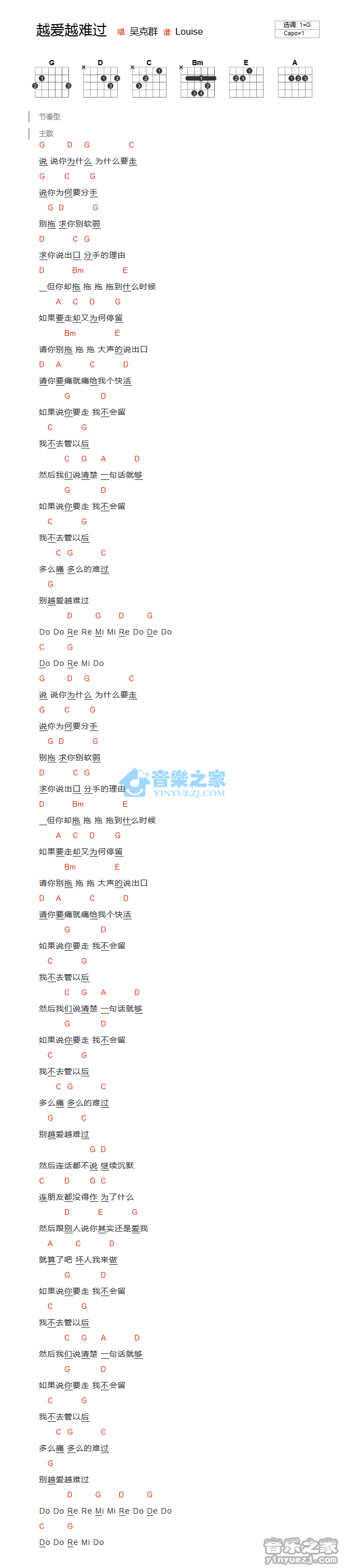 吴克羣_越爱越难过吉他六线谱G调_音乐之家弹唱伴奏六线谱