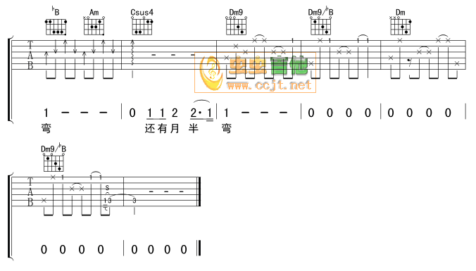 陈坤_月半湾吉他六线谱F调_虫虫吉他弹唱伴奏六线谱
