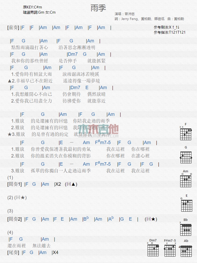 曾沛慈_雨季吉他六线谱G调_木木吉他弹唱伴奏六线谱