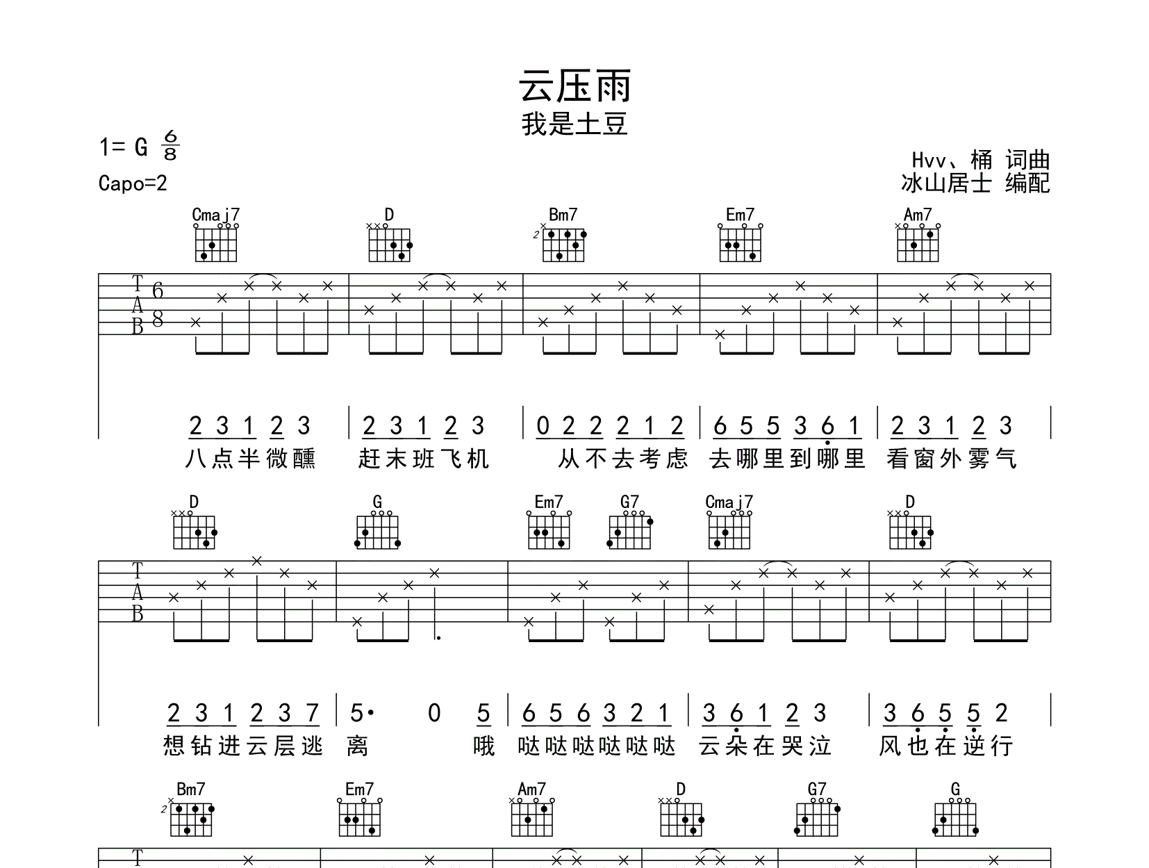 我是土豆_《云压雨》吉他六线谱G调_冰山居士弹唱伴奏六线谱