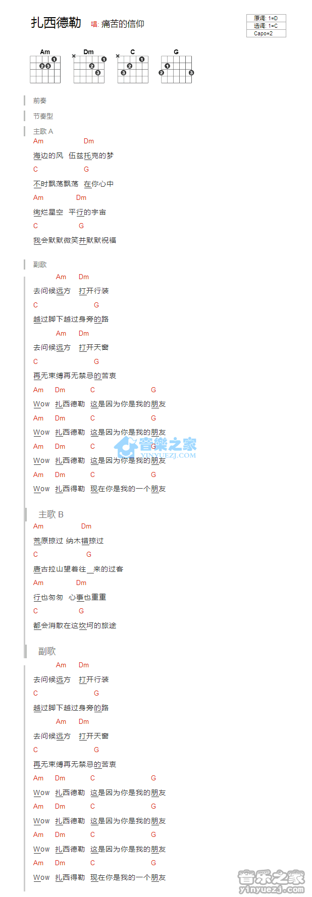 痛仰乐队_扎西德勒吉他六线谱C调_音乐之家弹唱伴奏六线谱