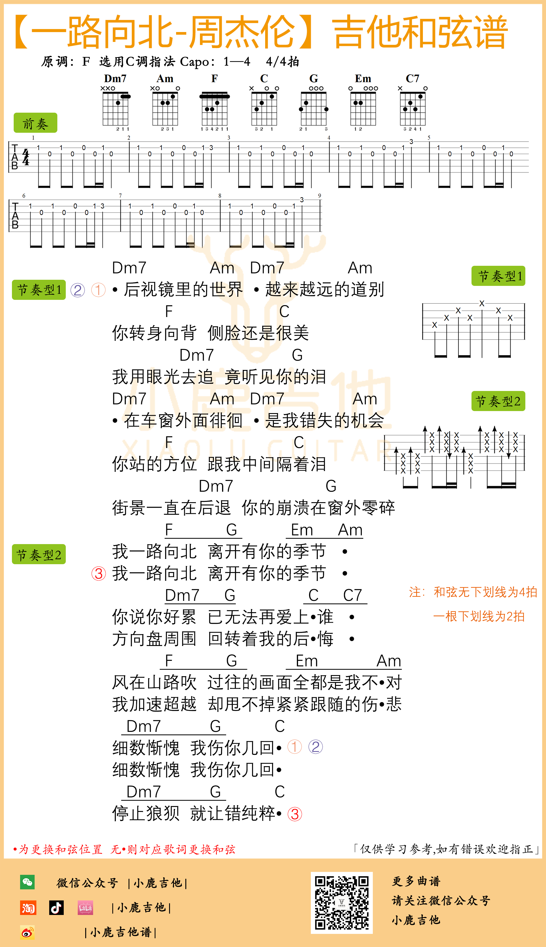 周杰伦_一路向北吉他六线谱C调_原版编配前奏