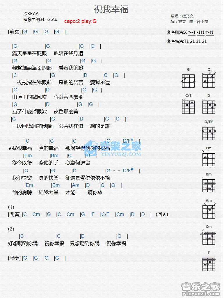 杨乃文_祝我幸福吉他六线谱G调_音乐之家弹唱伴奏六线谱