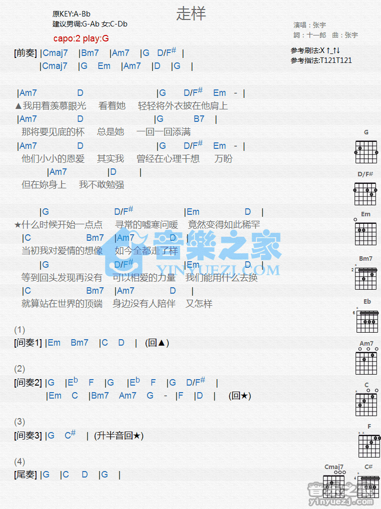 张宇_走样吉他六线谱C调_音乐之家弹唱伴奏六线谱