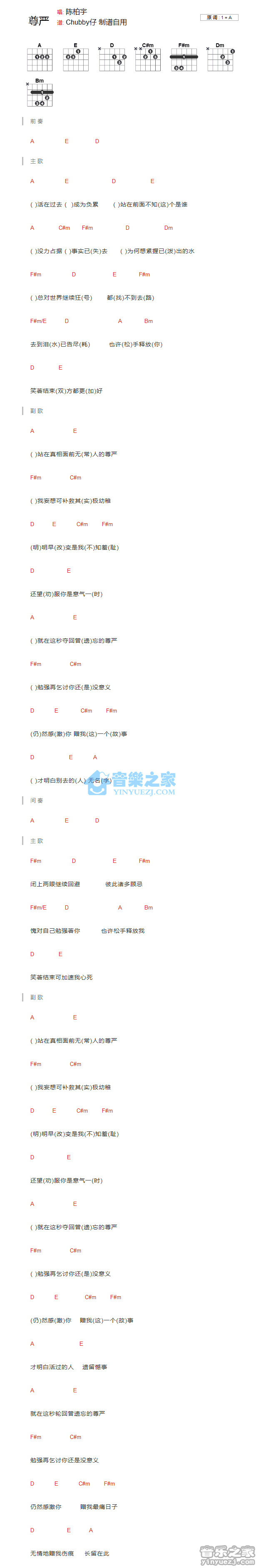 陈柏宇_尊严吉他六线谱A调_音乐之家弹唱伴奏六线谱