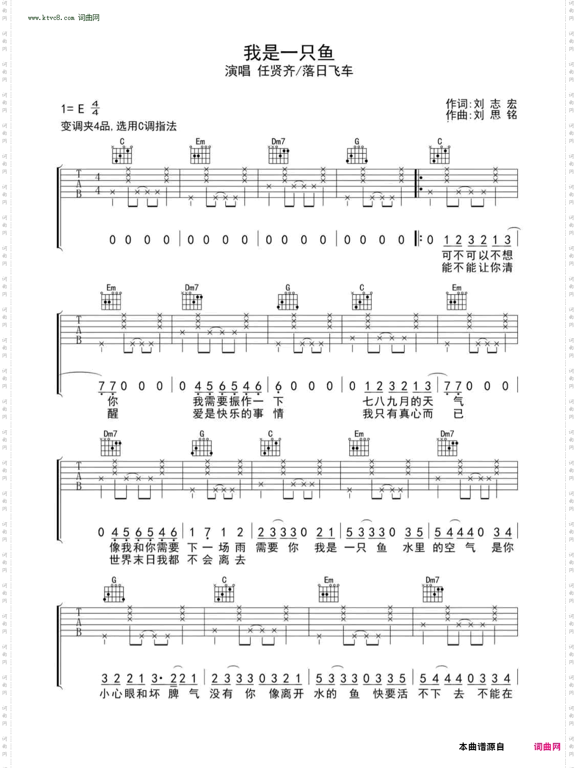 我是一只鱼_吉他谱-C调