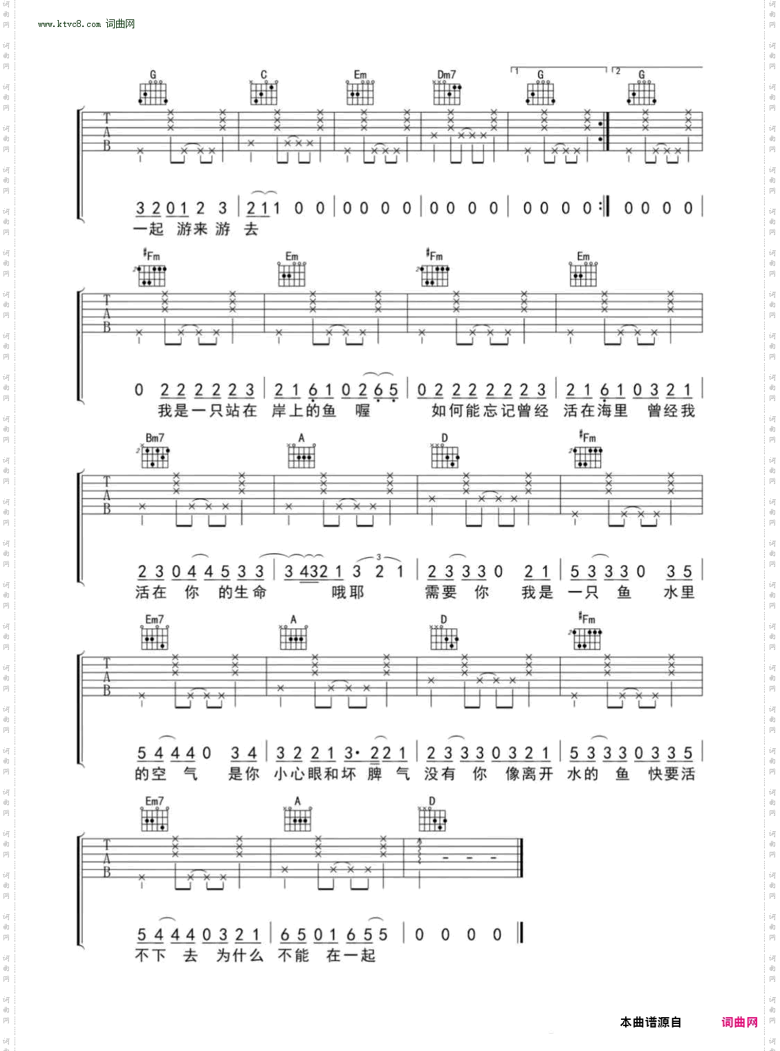 我是一只鱼_吉他谱-C调