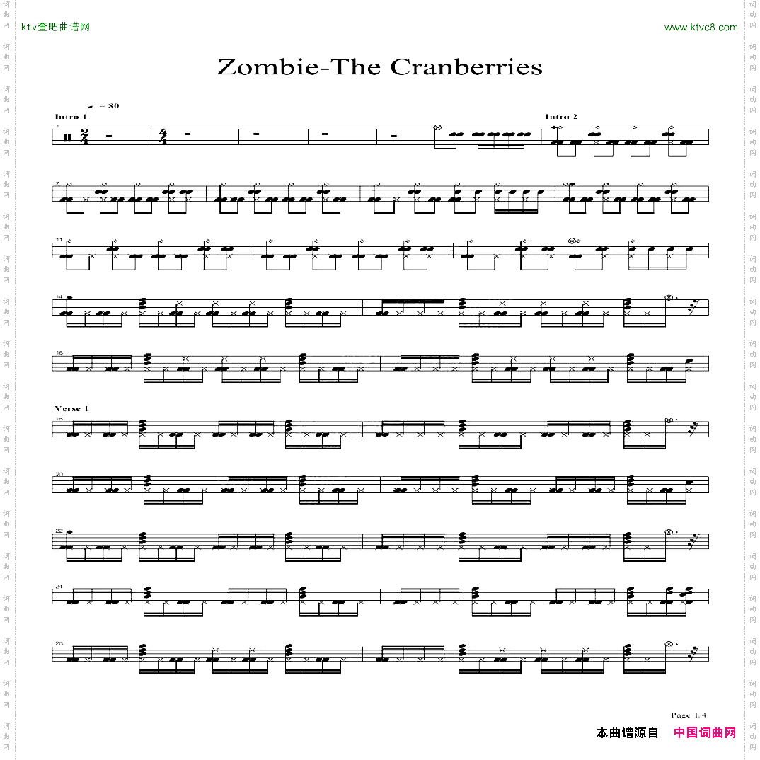 zombie架子鼓谱