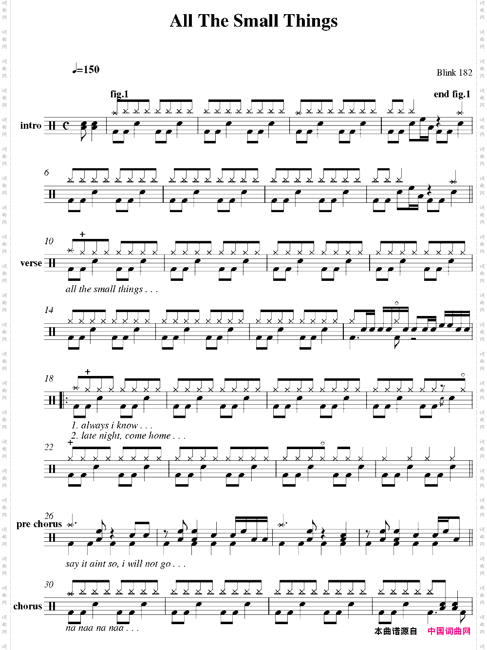 爵士鼓谱:Blink182-Allthesmallthings