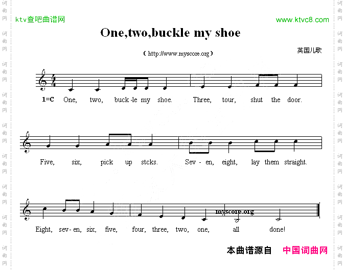 One,two,bucklemyshoe英文儿歌、五线谱