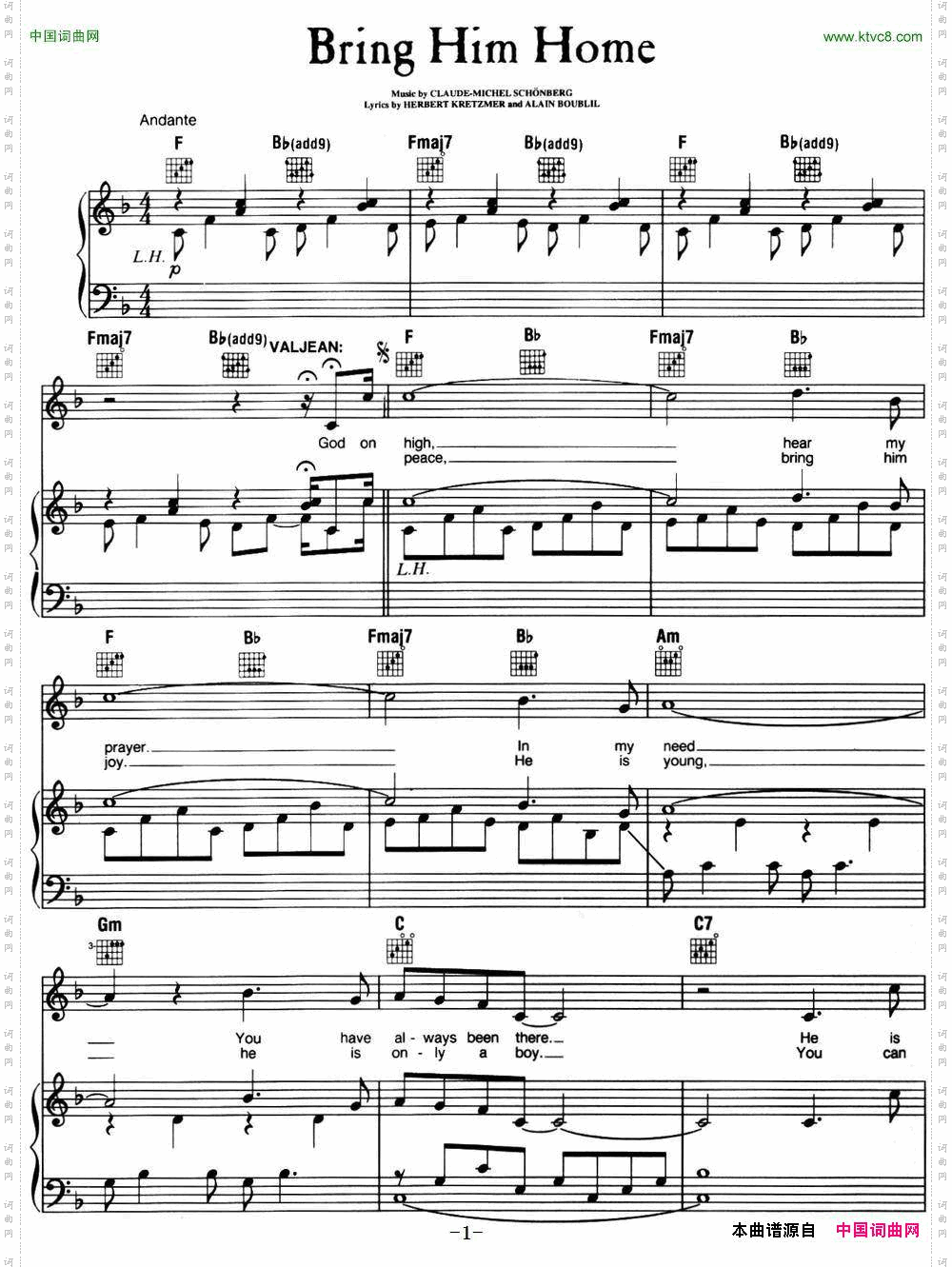 BringHimHome_ 音乐剧《悲惨世界》Les Miserables选曲、正谱 