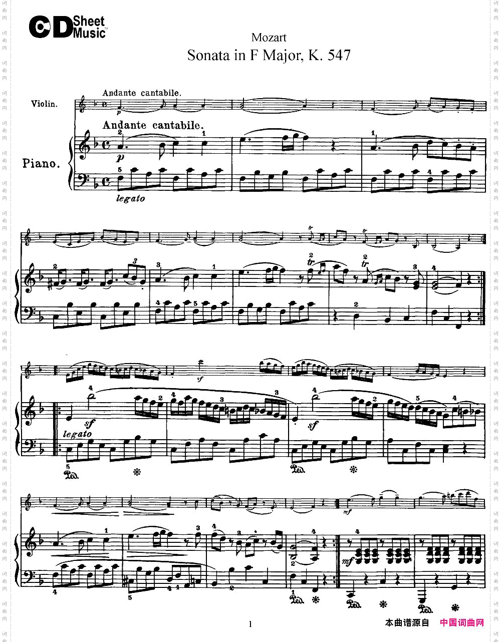 ViolinSonatainFMajorK.547小提琴+钢琴伴奏_Violin Sonata in F Major K.547小提琴+钢琴伴奏