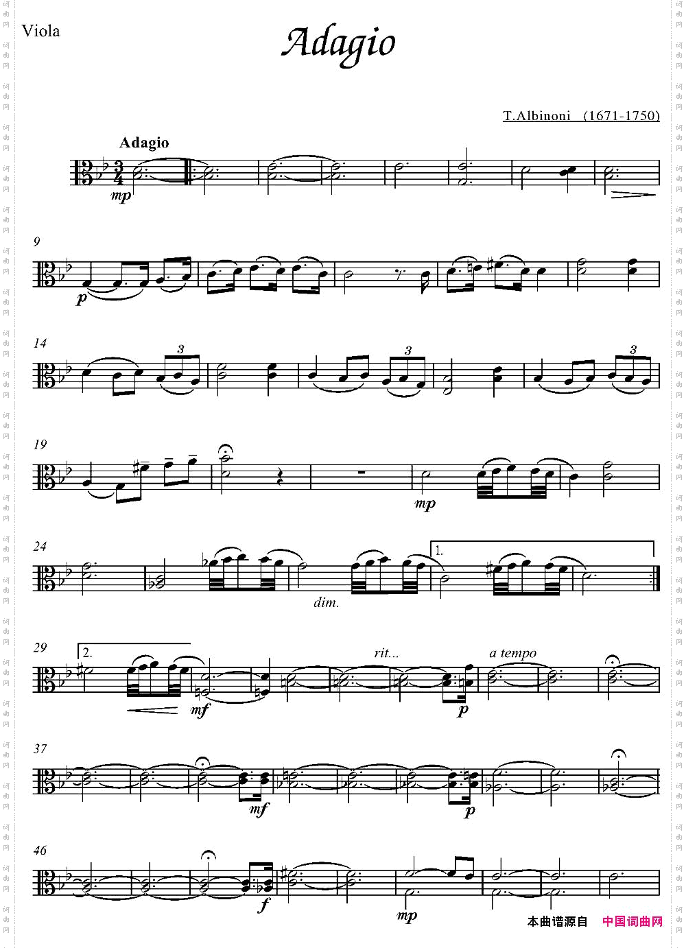 Adagio中提琴分谱、T.Albinoni作曲版