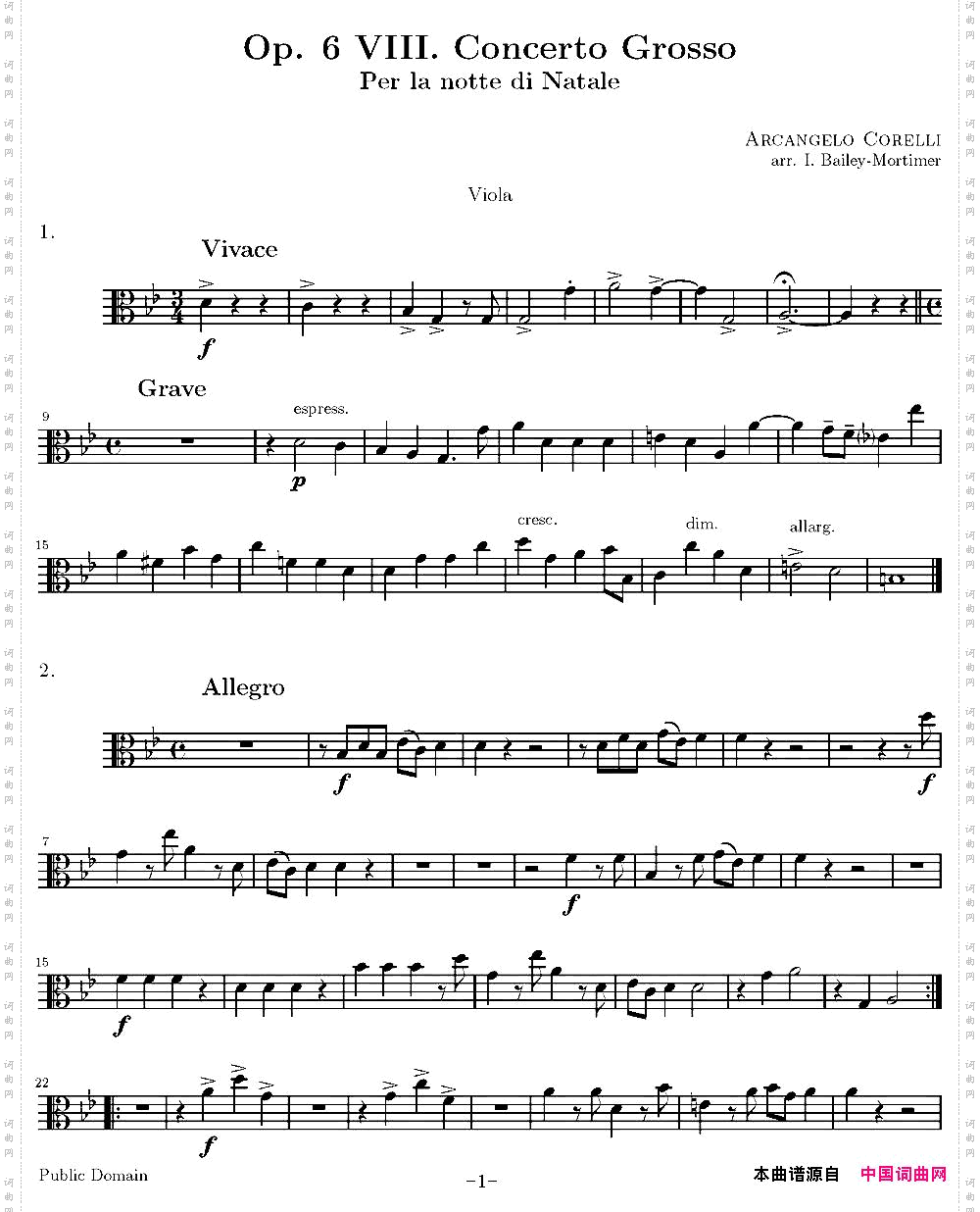 Op.6VIII.ConcertoGrosso大协奏曲四重奏中提琴分谱_Op.6 VIII. Concerto Grosso大协奏曲四重奏中提琴分谱