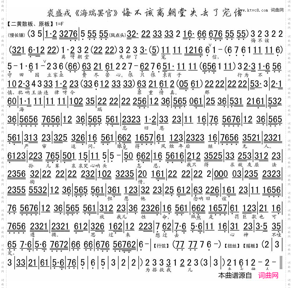 悔不该离朝堂去了宠信《海瑞罢官》选段、琴谱