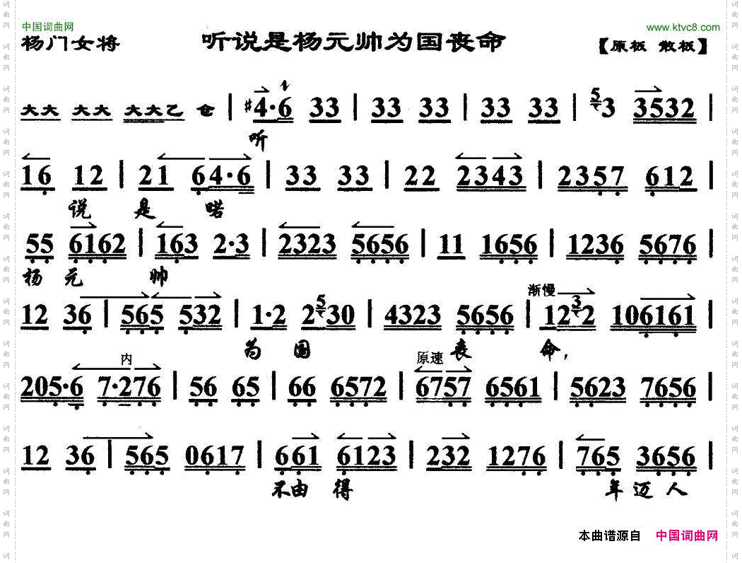 听说是杨元帅为国丧命《杨门女将》选段、琴谱