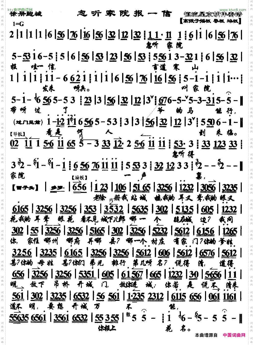 忽听家院报一信《徐策跑城》选段、京胡伴奏谱