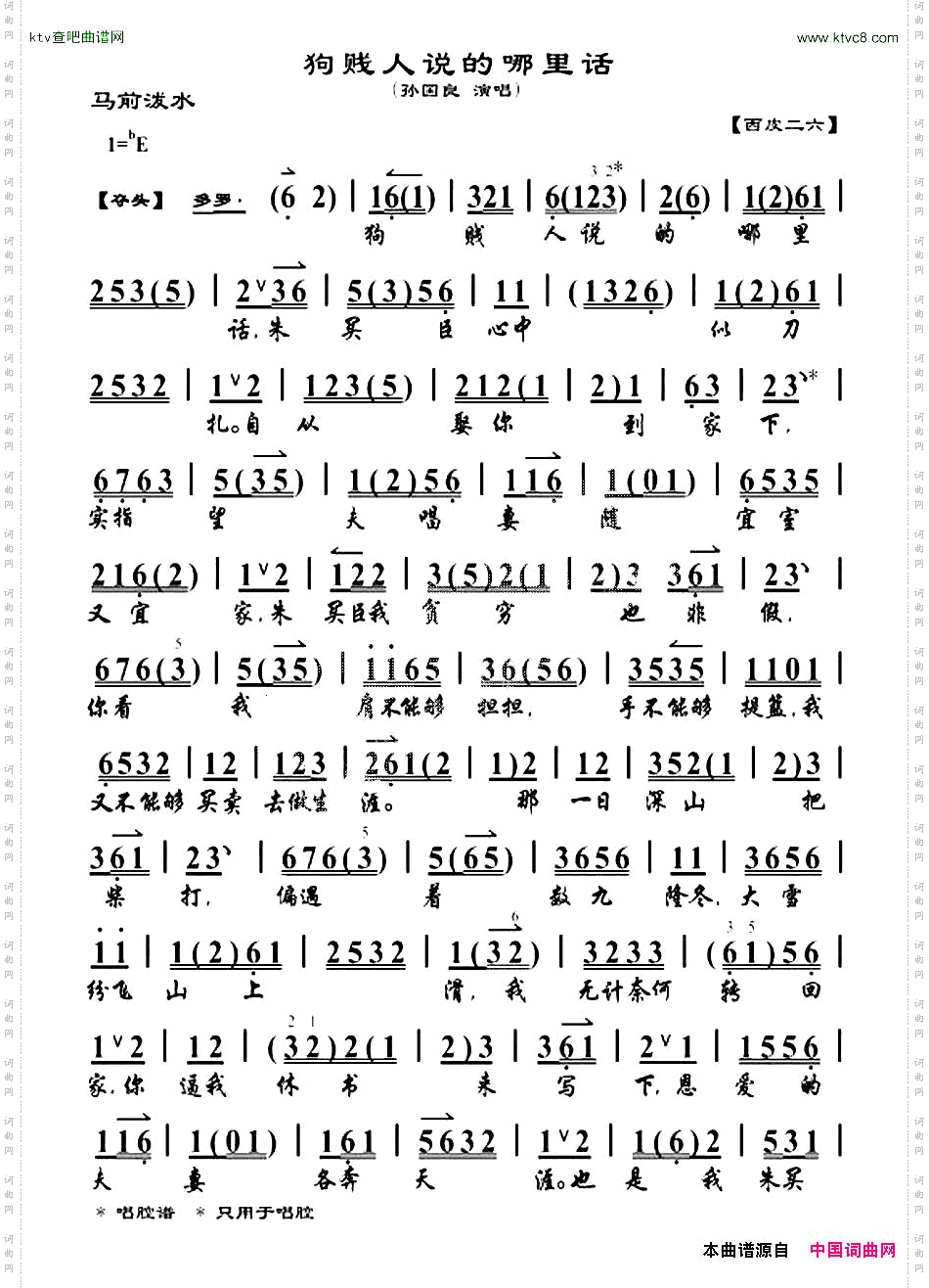 狗贱人说的哪里话《马前泼水》-选段、琴谱