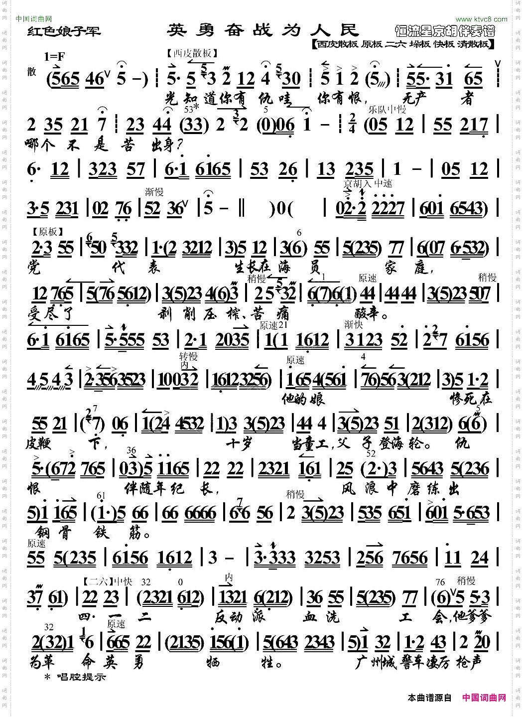 英勇奋战为人民《红色娘子军》选段、琴谱