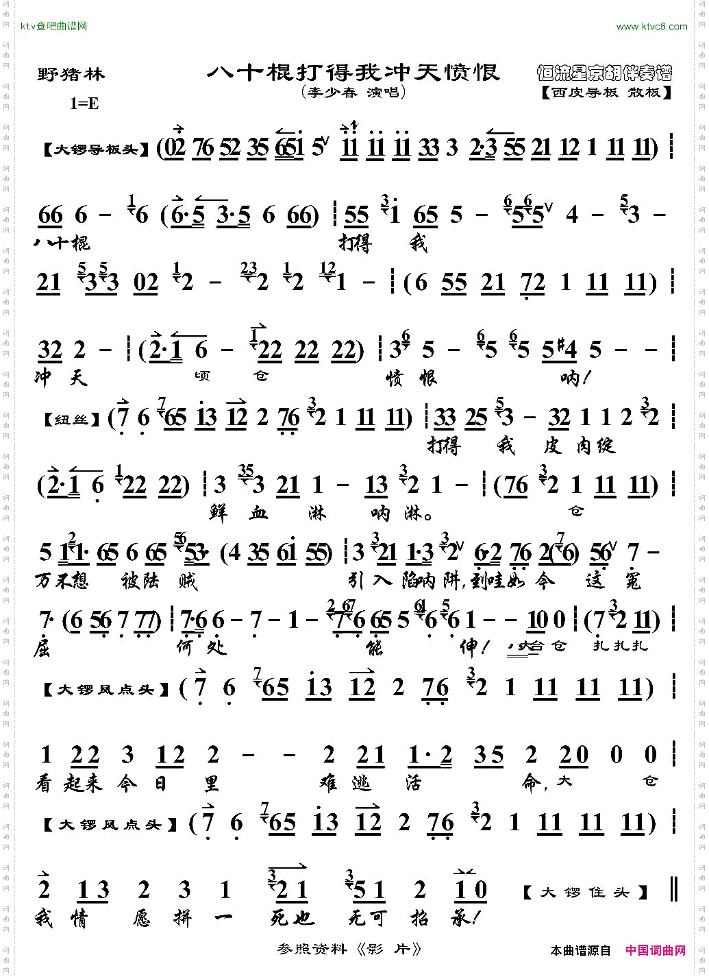 八十棍打得我冲天愤恨《野猪林》选段、琴谱