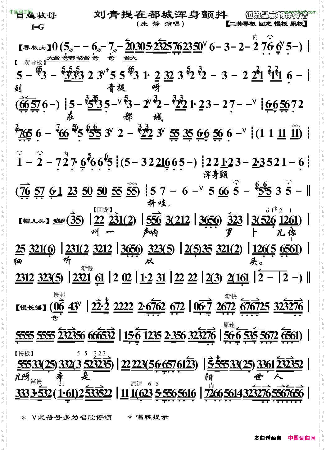 刘青提在都城浑身颤抖《目连救母》选段、琴谱