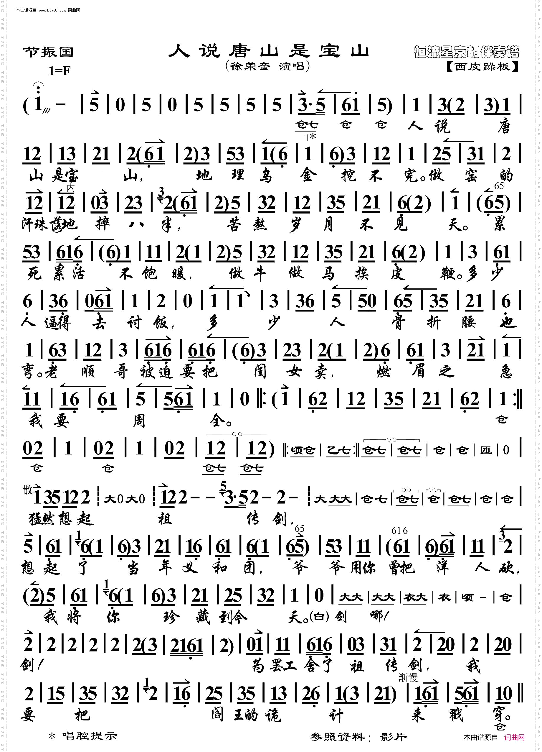 节振国·人说唐山是宝山_ 京胡伴奏谱