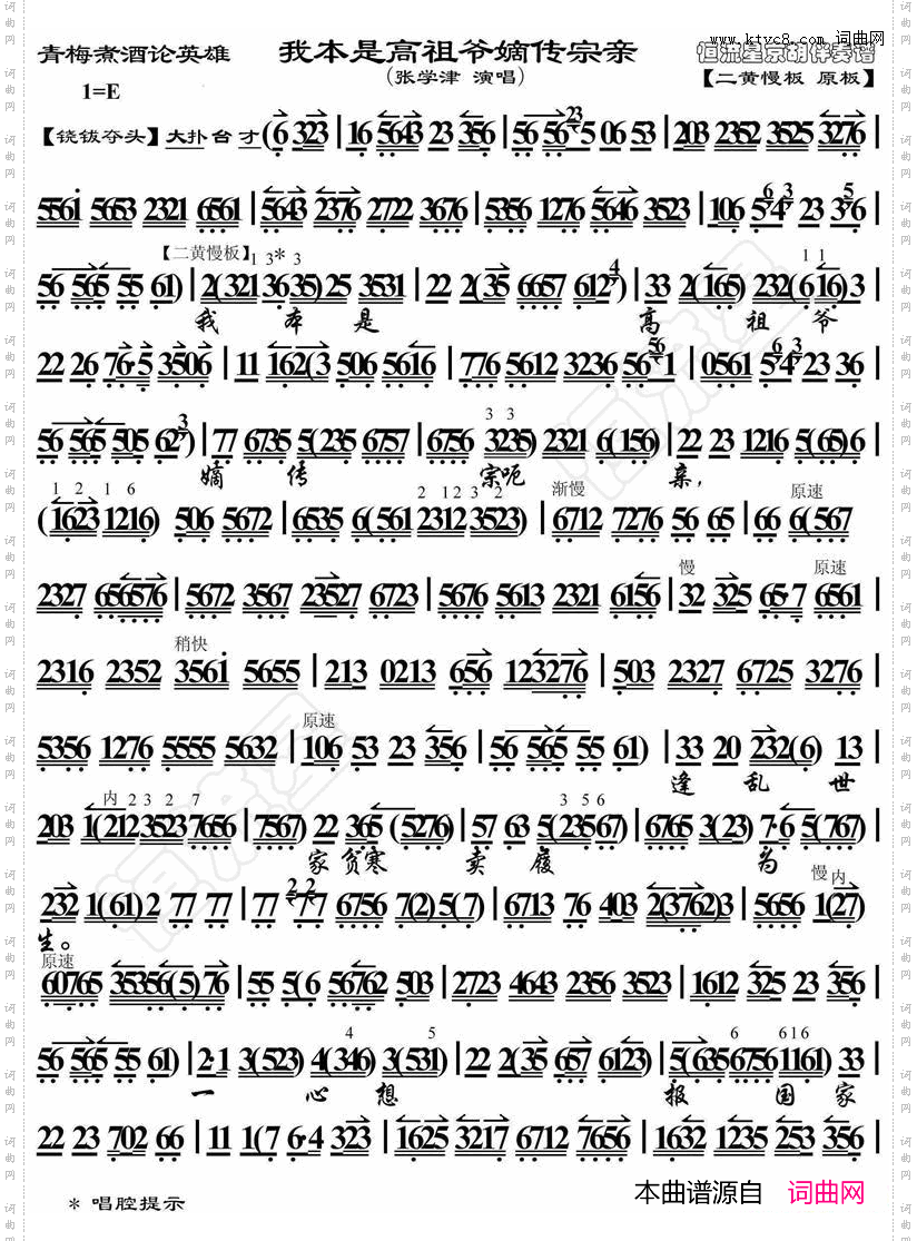 我本是高主爷嫡传宗亲《青梅煮酒论英雄》选段、琴谱