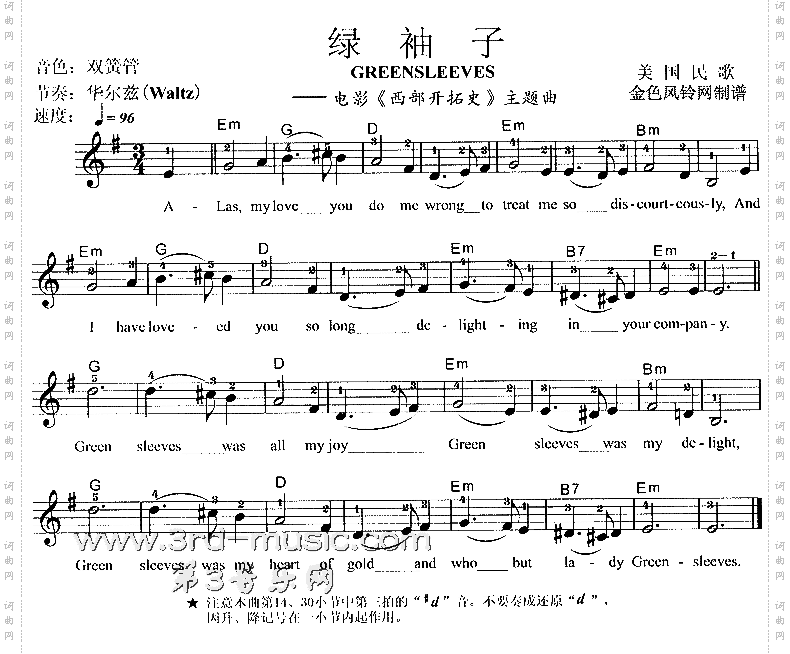绿袖子Greensleeves《西部开拓史》主题曲[电子琴谱]