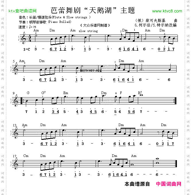 芭蕾舞剧“天鹅湖”主题双谱式电子琴谱