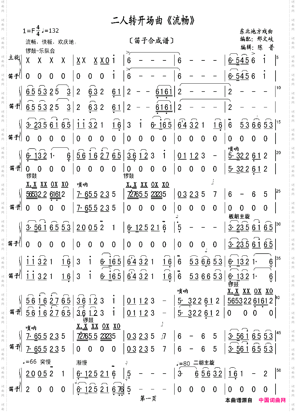 二人转开场曲《流畅》笛子合成谱