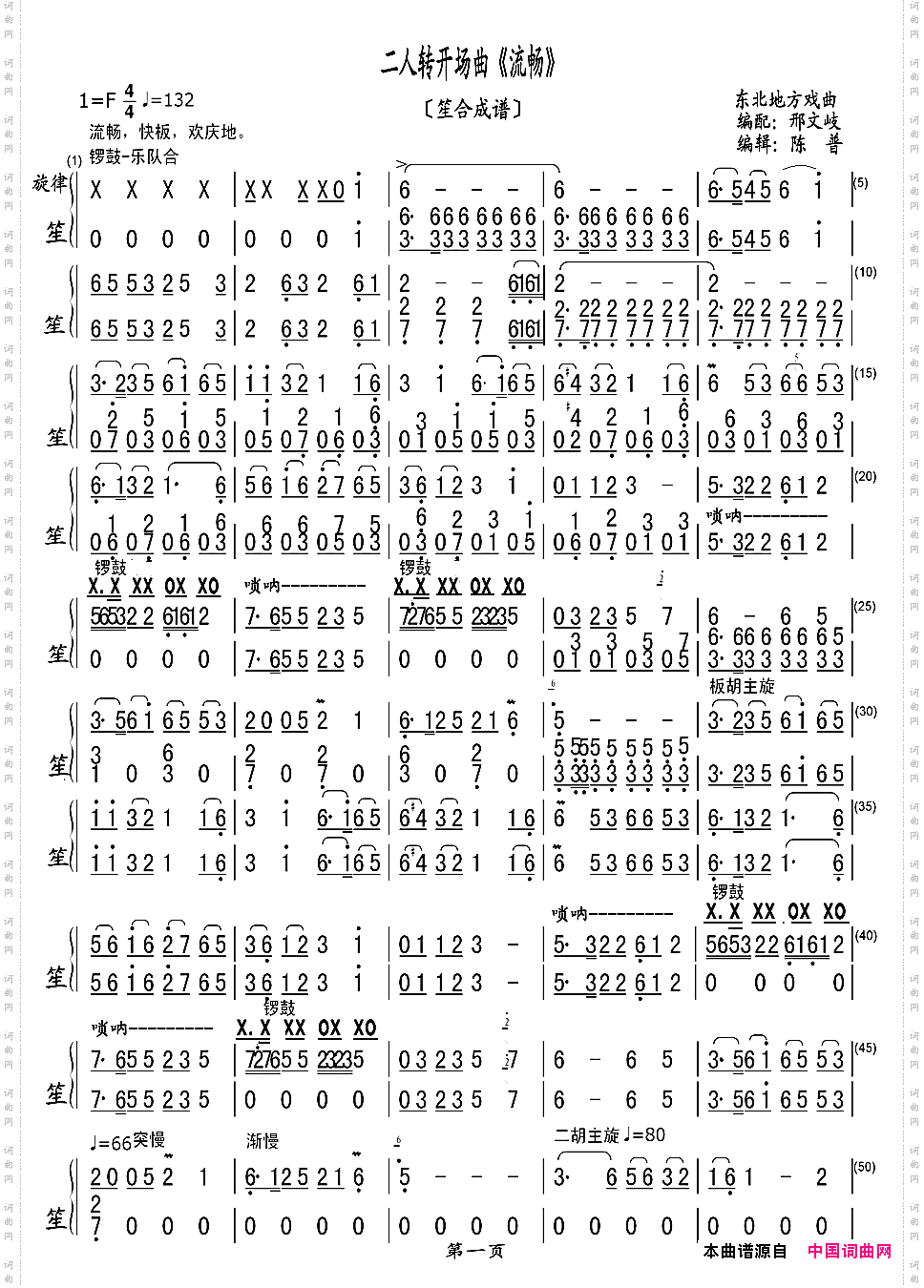 二人转开场曲《流畅》笙合成谱