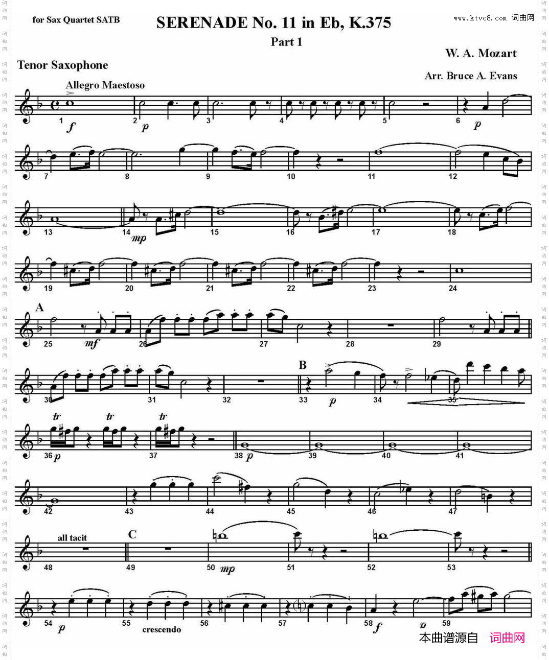 SERENADENo·11inEb，K·375Part1四重奏·次中音萨克斯分谱_SERENADE No·11 in Eb，K·375 Part 1四重奏·次中音萨克斯分谱