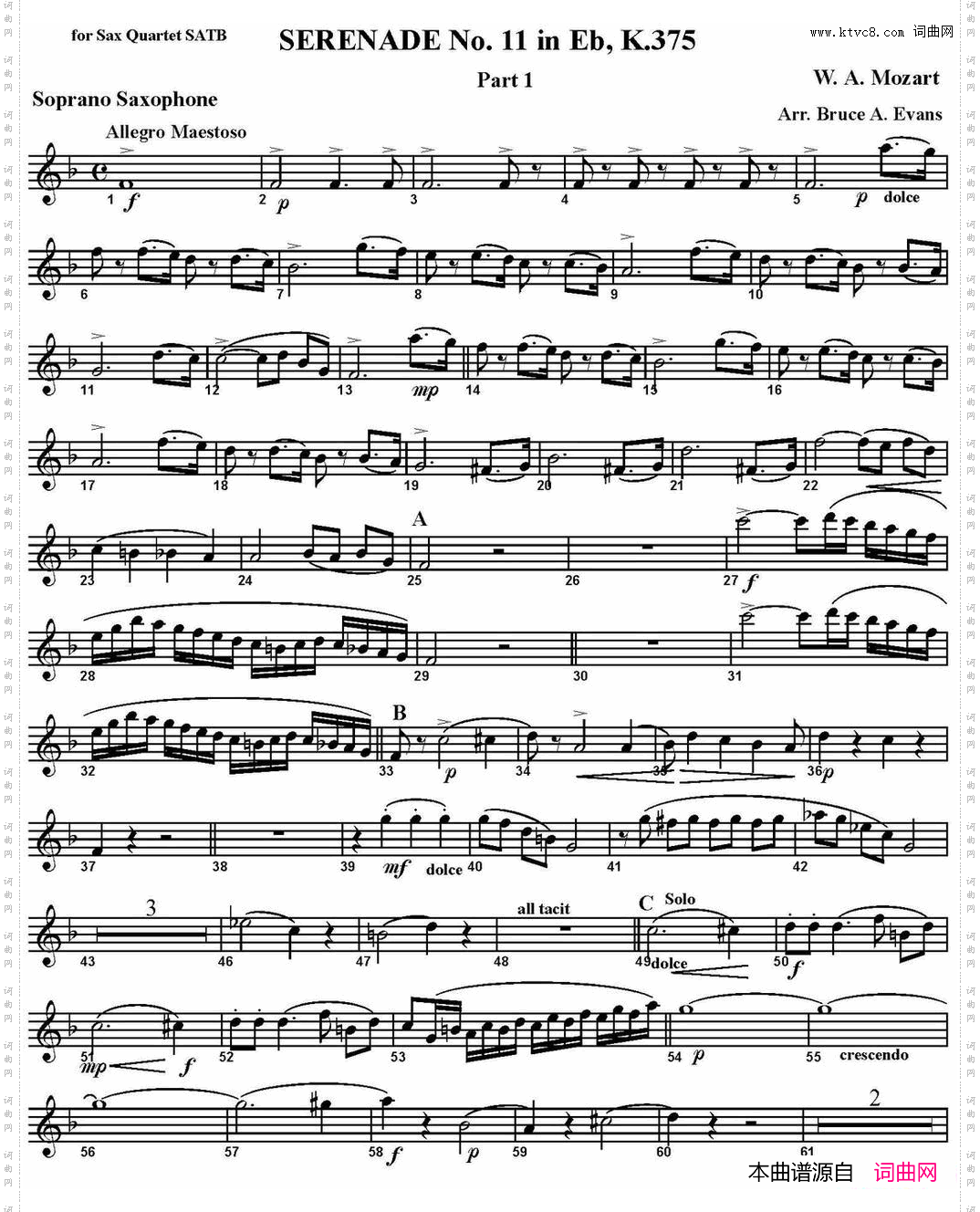 SERENADENo·11inEb，K·375Part1四重奏·高音萨克斯分谱_SERENADE No·11 in Eb，K·375 Part 1四重奏·高音萨克斯分谱