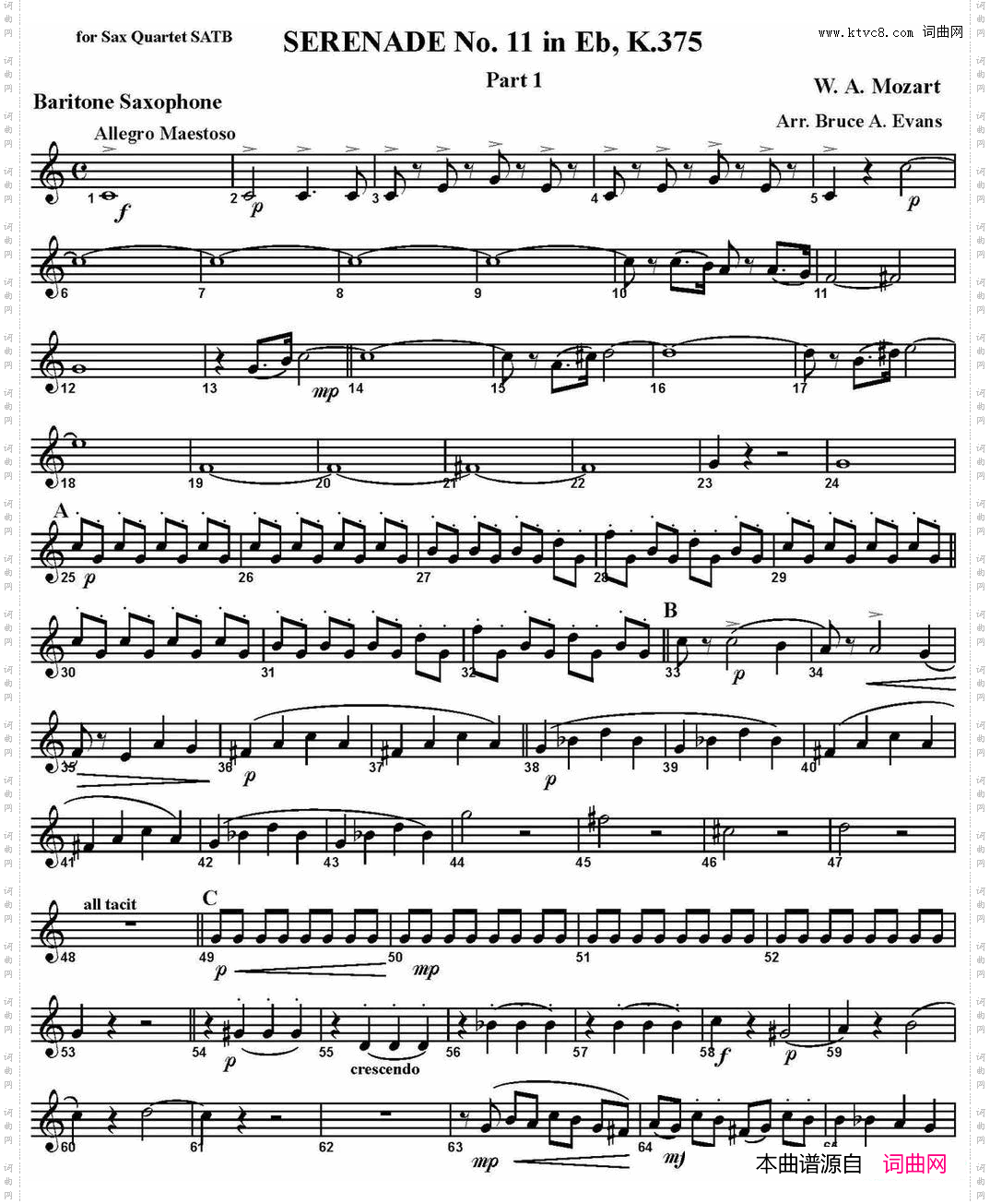 SERENADENo·11inEb，K·375Part1四重奏·上低音萨克斯分谱_SERENADE No·11 in Eb，K·375 Part 1四重奏·上低音萨克斯分谱