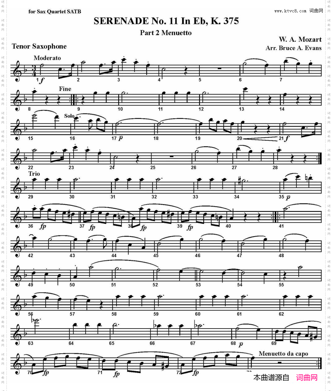 SERENADENo·11inEb，K·375Part2Menuetto四重奏·次中音萨克斯分谱_SERENADE No·11 in Eb，K·375 Part 2 Menuetto四重奏·次中音萨克斯分谱