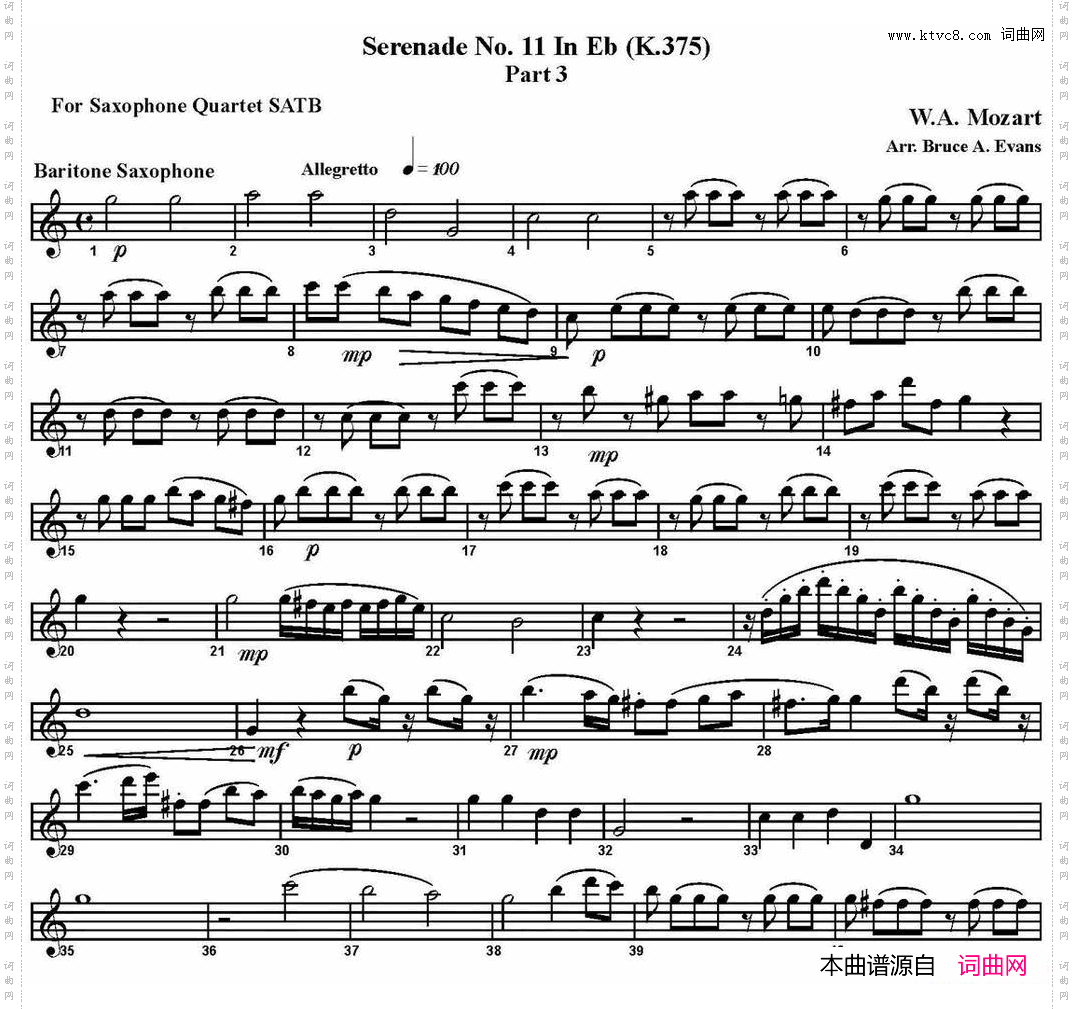 SERENADENo·11inEb，K·375Part3四重奏·上低音萨克斯分谱_SERENADE No·11 in Eb，K·375 Part 3四重奏·上低音萨克斯分谱