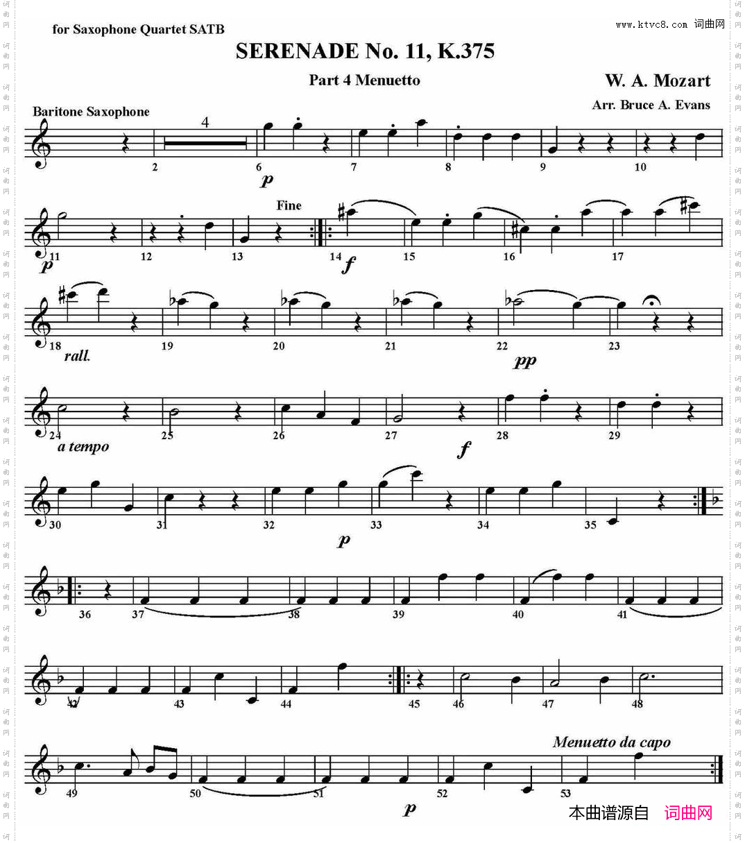 SERENADENo.11，K.375Part4Menuetto四重奏·上低音萨克斯分谱_SERENADE No.11，K.375 Part 4 Menuetto四重奏·上低音萨克斯分谱