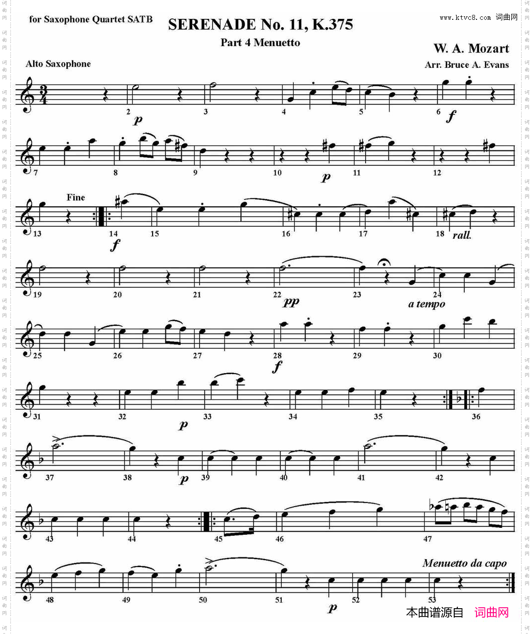 SERENADENo·11，K·375Part4Menuetto四重奏·中音萨克斯分谱_SERENADE No·11，K·375 Part 4 Menuetto四重奏·中音萨克斯分谱