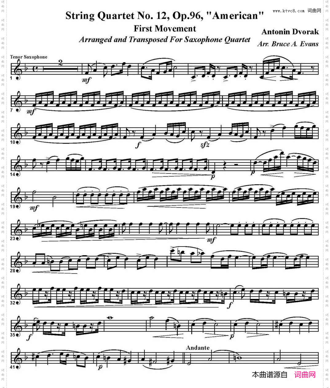 StringQuartetNo·12,Op·96四重奏·次中音萨克斯分谱_String Quartet No·12,Op·96四重奏·次中音萨克斯分谱
