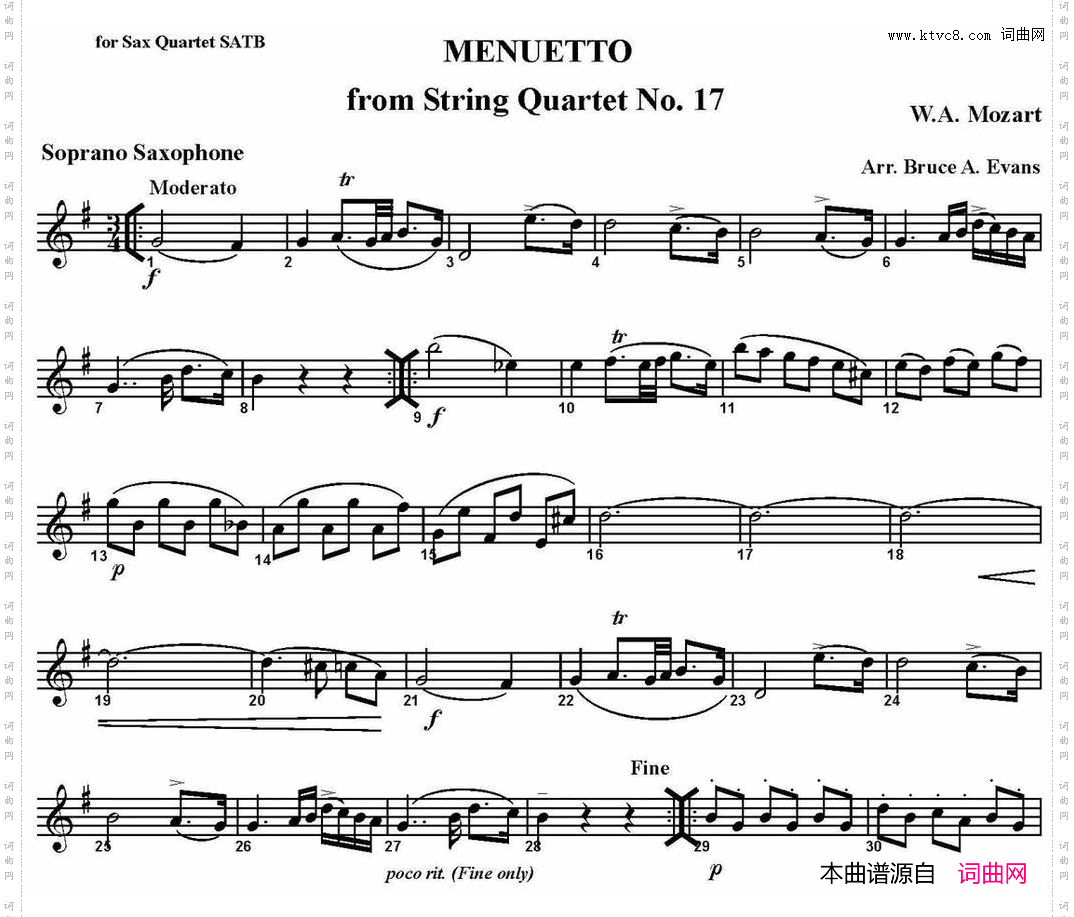 MENUETTOfromStringQuartetNo·17四重奏·高音萨克斯分谱_MENUETTO from String Quartet No·17四重奏·高音萨克斯分谱